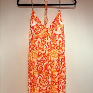 Retro Floral Halter Dress - Orange & Pink